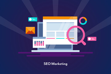 Naklejka premium Seo marketing, website seo data and marketing report with magnifying glass and laptop computer. Internet marketing, search optimization, web banner template.