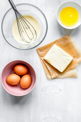cooking pancake on white background top view ingredients for making