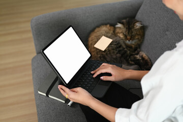 Cropped shot of woman using blank screen tablet while sitting on sofa with her cat at home.