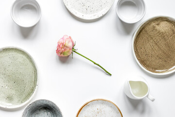 ceramic tableware top view on white background mock up