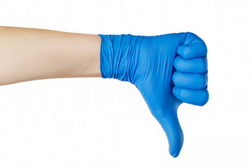 Female hand in blue latex protective glove showing negative gesture with thumn down isolated at...