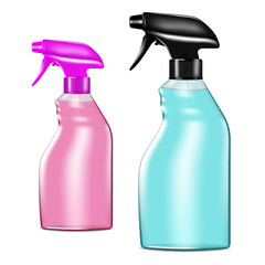 Colored clear plastic mist spray bottles filled with liquid isolated on white background, realistic vector illustration. Spraying container, trigger pump sprayer. Color set. Easy to recolor