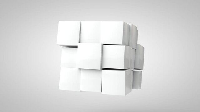 3D animation of an abstract geometric composition of cubes that change size impulsively and interact with each other.