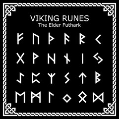 Viking Runes The Elder Futhark alphabet vector design set in celtic frame - white on black background
