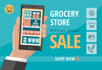 Food and grocery online shopping application on smartphone screen. 
