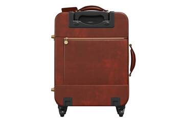 Suitcase leather with long handle, back view. 3D isolated white background