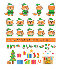 Fox in green Christmas outift creation set, various Christmas design elements. Vector illustration bundle