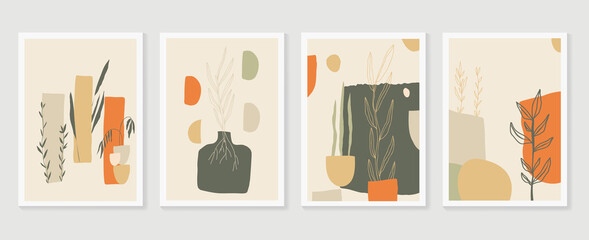 Botanical wall art vector set. Earth tone boho foliage line art drawing with  abstract shape.  Abstract Plant Art design for print, cover, wallpaper, Minimal and  natural wall art..