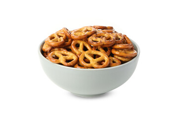 Bowl with cracker pretzels isolated on white background