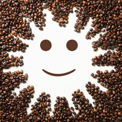 Sun made of coffee beans on white background