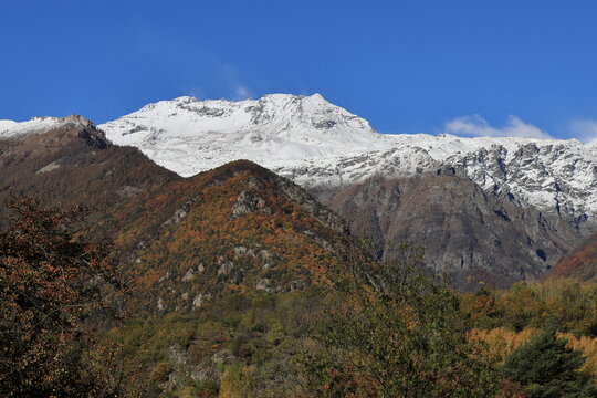 I colori dell'autunno nelle campagne della Valsusa con il Rocciamelone imbiancato dalla prima neve della stagione
