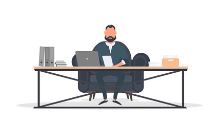 Businessman works at a laptop. Director's workplace. Laptop, documents, books, loft-style table. Isolated. Vector.