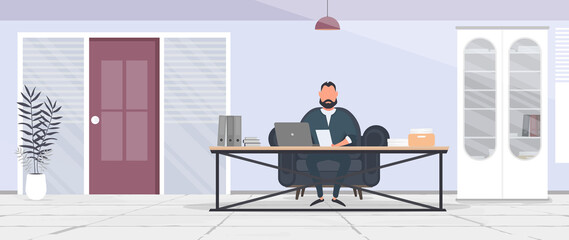 A businessman is working on a laptop in his office. Director's workplace. Laptop, documents, books, loft-style table. Vector.