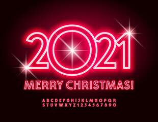 Vector bright greeting card Merry Christmas 2021! Red Neon Font. Glowing light Alphabet Letters and Numbers set