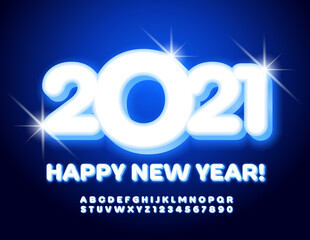 Vector Happy New Year 2021 greeting card. Bright glowing Font. Electric light Alphabet Letters and Numbers set