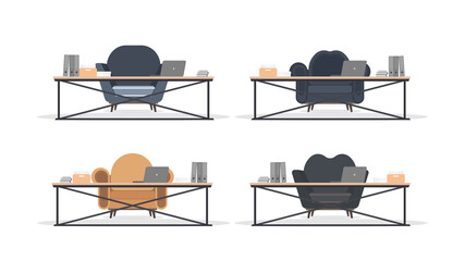 Loft style table. Vintage armchair in flat style. Workplace, books, documents, laptop. Vector.