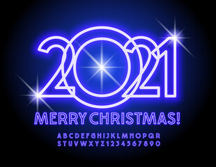 Vector neon greeting card Merry Christmas 2021! Purple light Font. Illuminated Alphabet Letters and Numbers set