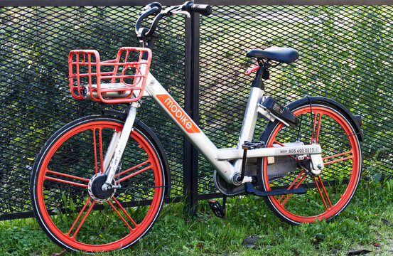 Bologna / Italy - October 27, 2019: Mobike Bike parked. Service of bike sharing in Bologna.