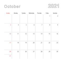 Simple wall calendar for October 2021 with dotted lines. The calendar is in English, week start from Sunday.