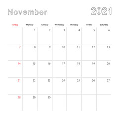 Simple wall calendar for November 2021 with dotted lines. The calendar is in English, week start from Sunday.