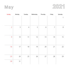 Simple wall calendar for May 2021 with dotted lines. The calendar is in English, week start from Sunday.