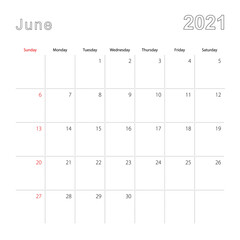 Simple wall calendar for June 2021 with dotted lines. The calendar is in English, week start from Sunday.