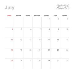 Simple wall calendar for July 2021 with dotted lines. The calendar is in English, week start from Sunday.