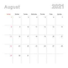 Simple wall calendar for August 2021 with dotted lines. The calendar is in English, week start from Sunday.