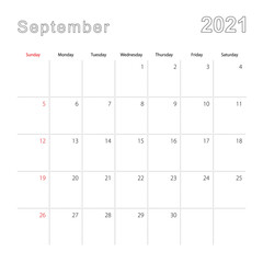 Simple wall calendar for September 2021 with dotted lines. The calendar is in English, week start from Sunday.