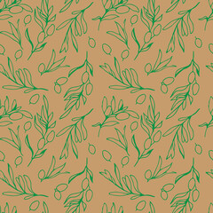 outline Branches of olives seamless pattern. Green handwritten olives, branches, leaves. Stock vector illustration isolated on beige, craft. For gift wrapping, wallpaper, scrubbing, textile, web page