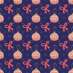 Fototapeta premium Christmas Ornament Ball Decoration Ribbon Star Seamless Pattern