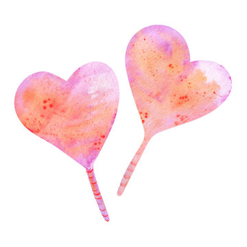 set of watercolor pink lolipop hearts isolated on white, 
hand drawn valentine's day illustration.