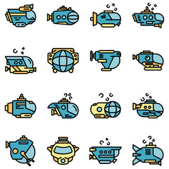 Bathyscaphe icons set. Outline set of bathyscaphe vector icons thin line color flat on white