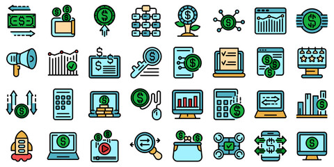Monetization icons set. Outline set of monetization vector icons thin line color flat on white
