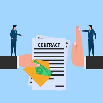 Man refuse money on contract metaphor of bribe and corruption. Business flat vector concept illustration.