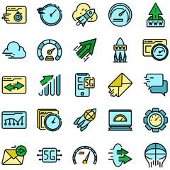 Internet speed icons set. Outline set of internet speed vector icons thin line color flat on white