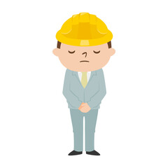 男性の建設業者のイラスト。作業着とヘルメットを着用してる若い男性。謝罪をするようにおじぎをしてる男性。