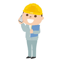 男性の建設業者のイラスト。作業着とヘルメットを着用した男性が、携帯電話片手に連絡してるところ。