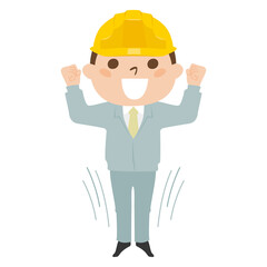 男性の建設業者のイラスト。作業着とヘルメットを着用して、元気いっぱいな若い男性。