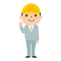 男性の建設業者のイラスト。作業着とヘルメットを着用してる若い男性。指を使ってポイントを教えてる男性。