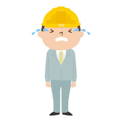男性の建設業者のイラスト。作業着とヘルメットを着用してる若い男性。涙を流して泣いてる男性。