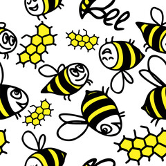 Cute funny doodle bees seamless pattern. Stock illustration isolated on white background. For wallpaper, web page lights, surface textures, fill, gift wrapping, textile, scrubbing