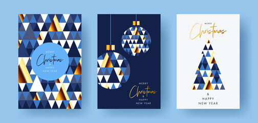 Merry Christmas and Happy New Year Set of greeting cards, posters, holiday covers. Modern Xmas design with triangle firs pattern in blue, gold, white colors. Christmas tree, ball, decoration elements