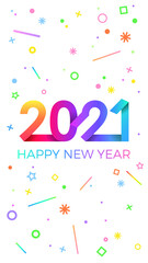 2021 Happy New Year. Paper Memphis geometric bright style for holidays flyers, greetings, invitations, Happy New Year or Merry Christmas cards. Holiday background, poster, banner. Vector Illustration.