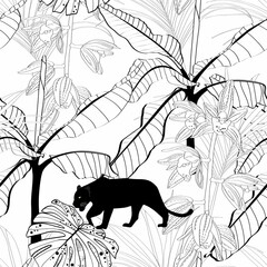 Palm bananas, orchid flower and pantera animal illustration. Black white line seamless pattern.  © Виктор Фесюк