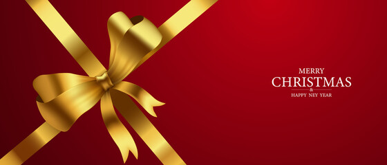 Bow gold Merry Christmas and Happy New Year background.