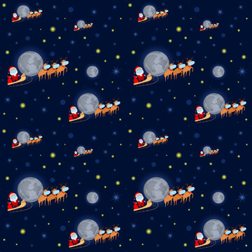 Seamless Christmas 2020 background. Santa Claus in face mask on reindeer sledge. Vector illustration.