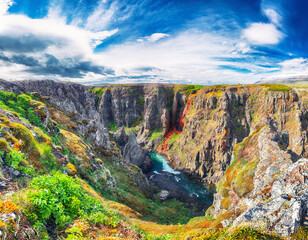 Astonishing view of  Kolugljufur canyon and Kolufossar falls.