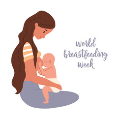 Obraz premium Mother feeding her newborn baby. Breastfeeding position. Woman feeds infant with breast. Breastfeeding week banner, happy mother's day clip art. Flat cartoon vector illustration