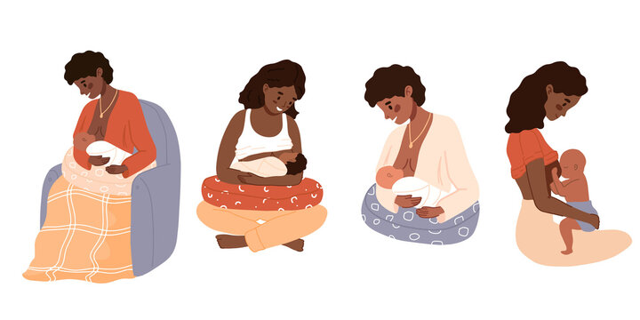 Black skin Mother feeding her newborn baby. Breastfeeding positions set, with pillow, in chair, lotus pose. African woman feeds infant with breast. Breastfeeding week banner, happy mother's day.